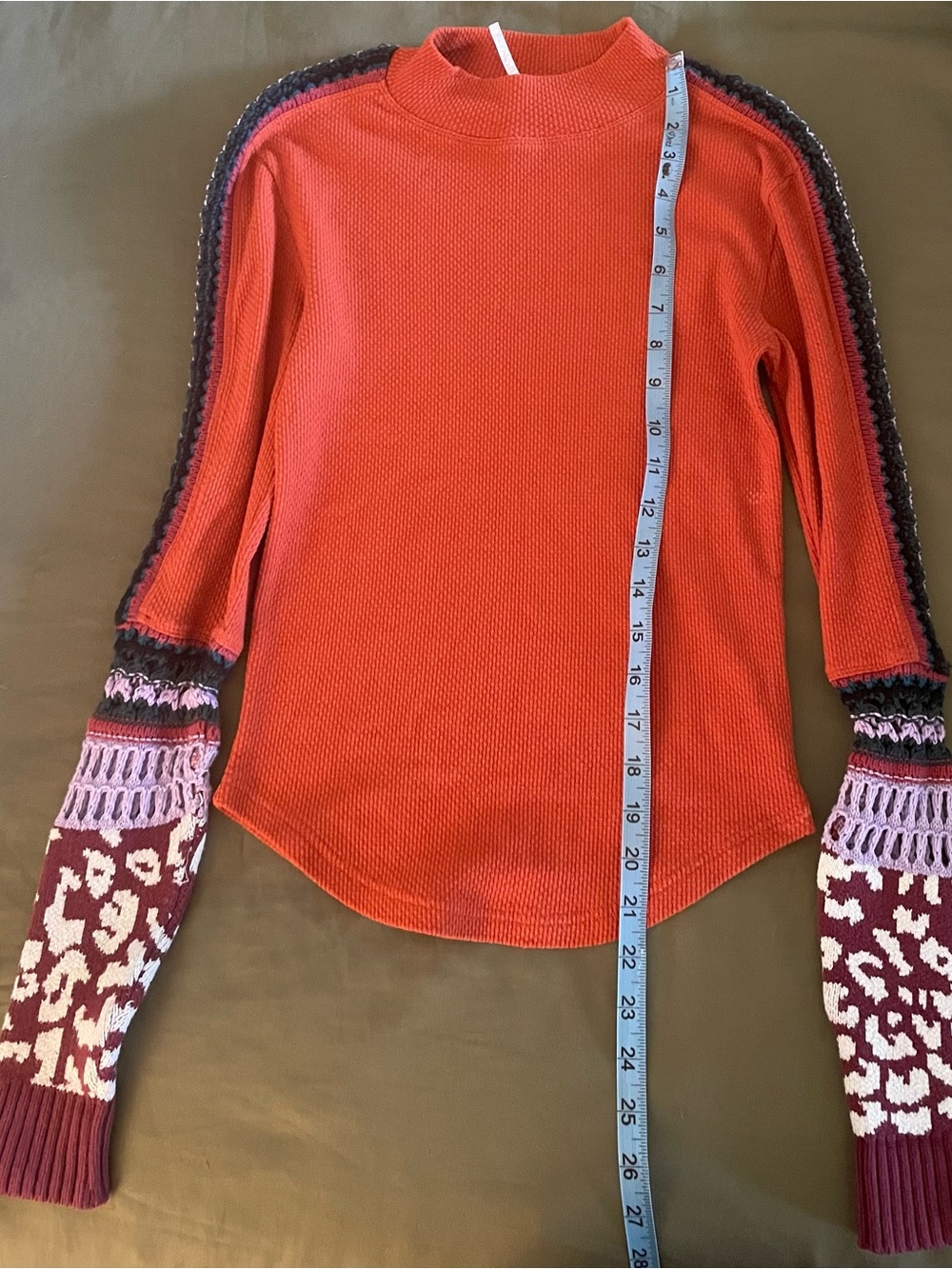 Free People Orange Knit Top with Patterned Mixed Sleeves
